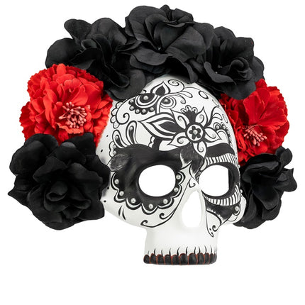 MASQUE DE CRÂNE JOUR DES MORTS AVEC DES ROSES NOIRES ET ROUGES
