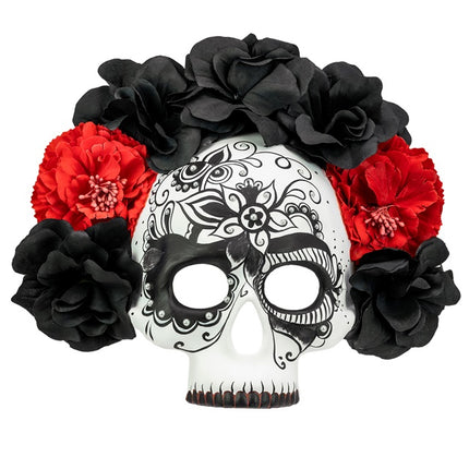MASQUE DE CRÂNE JOUR DES MORTS AVEC DES ROSES NOIRES ET ROUGES