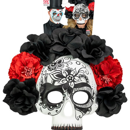 MASQUE DE CRÂNE JOUR DES MORTS AVEC DES ROSES NOIRES ET ROUGES