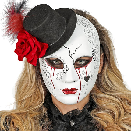 MASQUE DE THÉÂTRE FEMME SAIGNANTE AVEC CHAPEAU