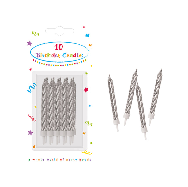 Bougies d'anniversaire Bougies d'anniversaire en spirale argentées avec supports 10 & 10St