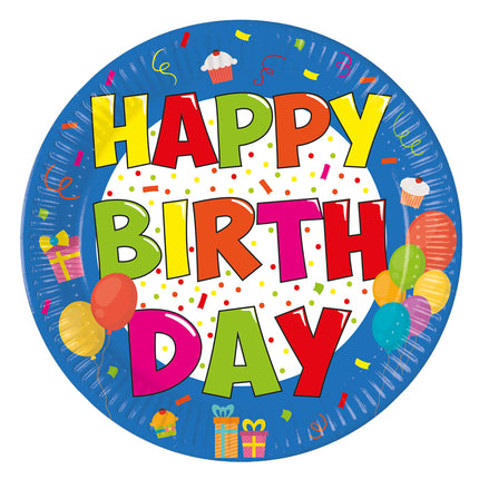 Assiettes Happy Birthday en papier coloré 20cm 8pcs