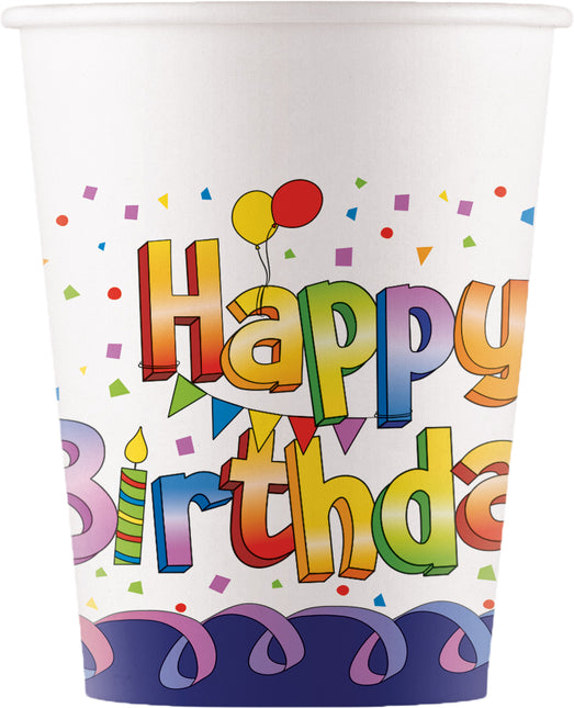 Gobelets Happy Birthday colorés 200ml 8pcs