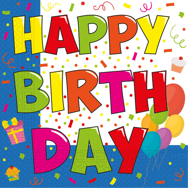Serviettes de table Happy Birthday Papier coloré 33cm 20pcs
