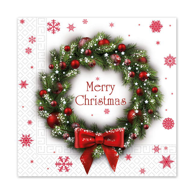 Serviettes en papier 3 plis Serviettes en papier 3 plis 33X33Cm Merry Xmas Wreath 20St