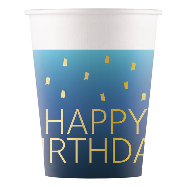 Golden Happy Birthday Bleu Fsc Gobelets en papier 200Ml (Wm) 8St