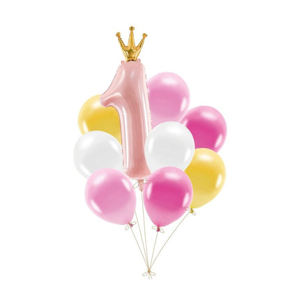 1 Jaar Ballonnen Set Roze 9 delig van Partydeco koop je bij Partywinkel