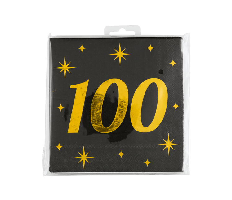 100 Jaar Servetten Zwart Goud 19cm 16st - Partywinkel - 8716764238413