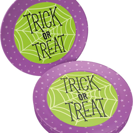 Assiettes d'Halloween violettes et vertes « Trick or Treat » 23 cm, lot de 8