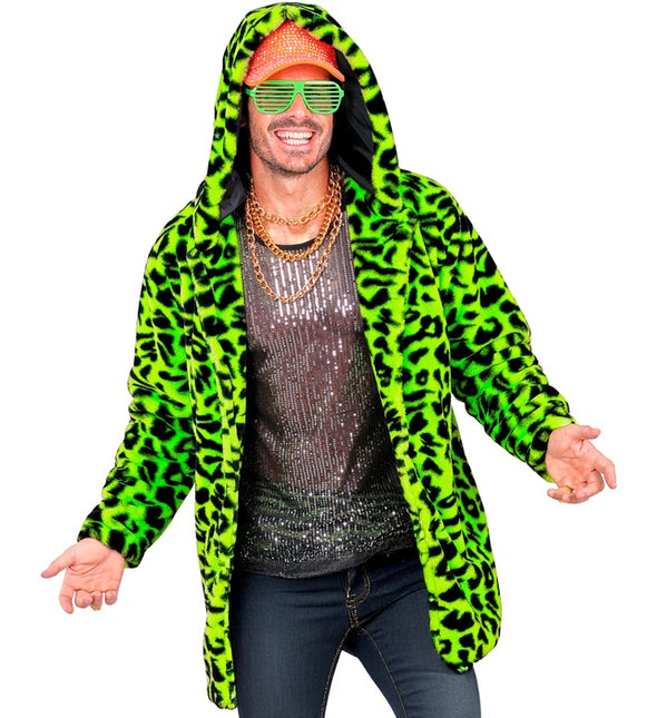 Manteau de fourrure avec chapeau peluche léopard néon