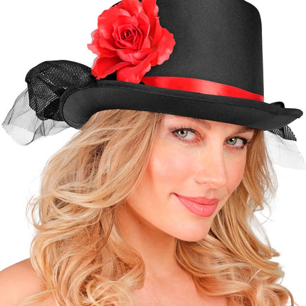 CHAPEAU NOIR AVEC TULLE ET ROSE ROUGE