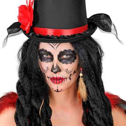 CHAPEAU NOIR AVEC TULLE ET ROSE ROUGE