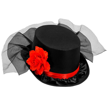 CHAPEAU NOIR AVEC TULLE ET ROSE ROUGE