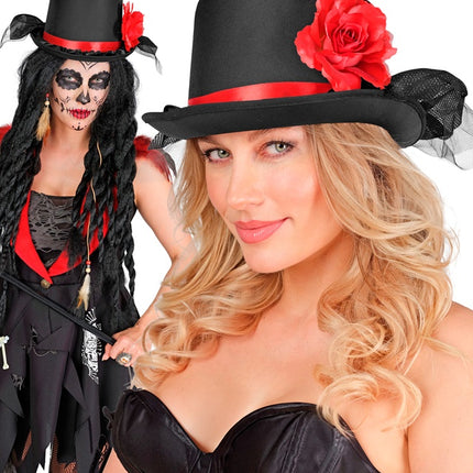 CHAPEAU NOIR AVEC TULLE ET ROSE ROUGE