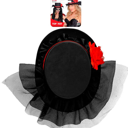 CHAPEAU NOIR AVEC TULLE ET ROSE ROUGE