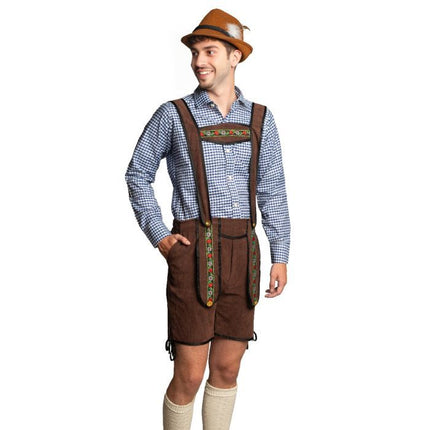 Lederhose Marron foncé Short + Chemisier Bleu