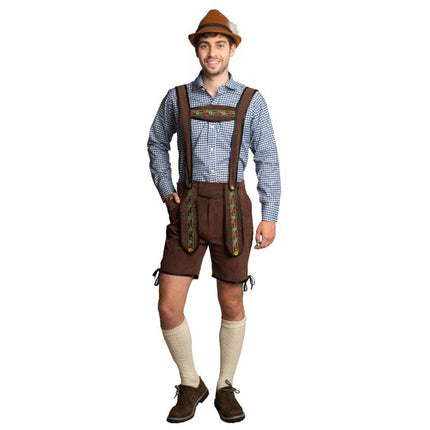 Lederhose Marron foncé Short + Chemisier Bleu