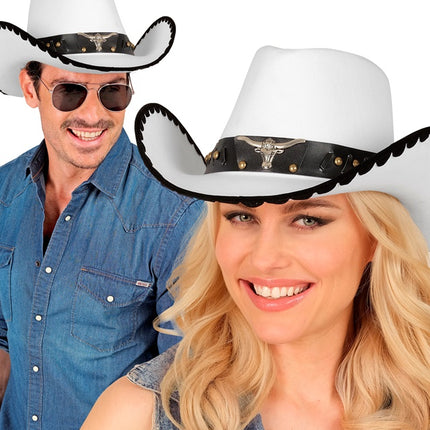 CHAPEAU DE COW-BOY AVEC TAUREAU, FEUTRE BLANC