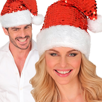 CHAPEAU DU PÈRE NOËL EN PELUCHE ET PAILLETTES ROUGE