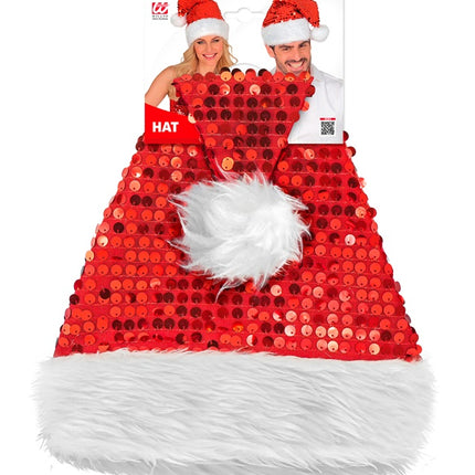 CHAPEAU DU PÈRE NOËL EN PELUCHE ET PAILLETTES ROUGE