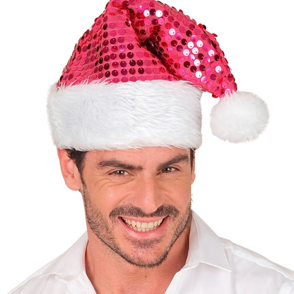 CHAPEAU DU PÈRE NOËL EN PELUCHE ET PAILLETTES ROSE