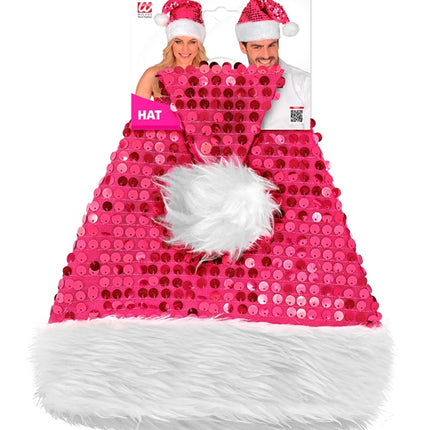 CHAPEAU DU PÈRE NOËL EN PELUCHE ET PAILLETTES ROSE
