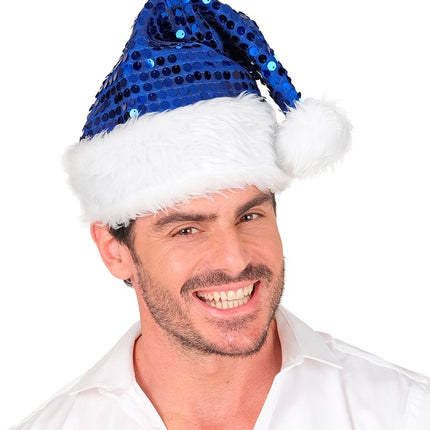 CHAPEAU DU PÈRE NOËL EN PELUCHE ET PAILLETTES BLEU