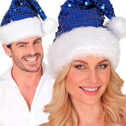 CHAPEAU DU PÈRE NOËL EN PELUCHE ET PAILLETTES BLEU