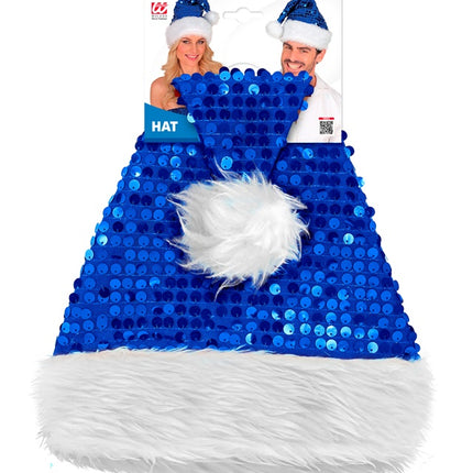 CHAPEAU DU PÈRE NOËL EN PELUCHE ET PAILLETTES BLEU
