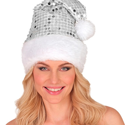 CHAPEAU DU PÈRE NOËL EN PELUCHE ET PAILLETTES ARGENTÉ