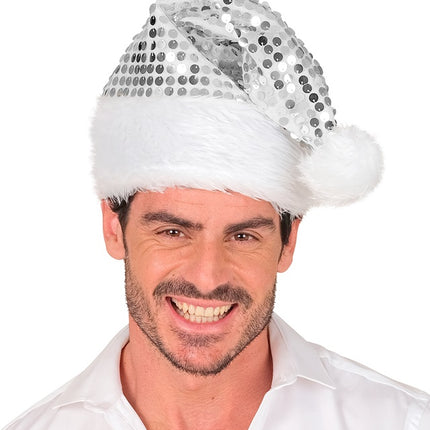 CHAPEAU DU PÈRE NOËL EN PELUCHE ET PAILLETTES ARGENTÉ