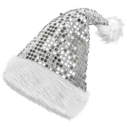 CHAPEAU DU PÈRE NOËL EN PELUCHE ET PAILLETTES ARGENTÉ