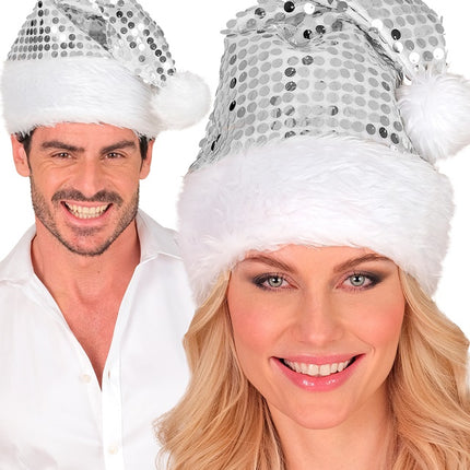 CHAPEAU DU PÈRE NOËL EN PELUCHE ET PAILLETTES ARGENTÉ