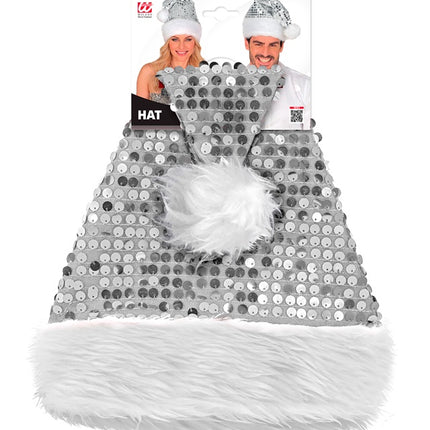 CHAPEAU DU PÈRE NOËL EN PELUCHE ET PAILLETTES ARGENTÉ