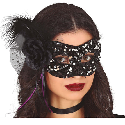 Masque oculaire noir à paillettes fleuries