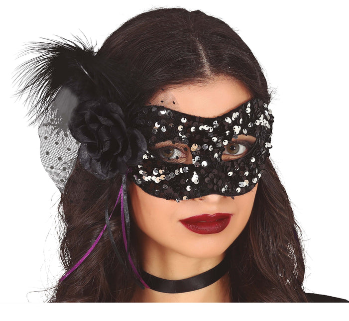 Masque oculaire noir à paillettes fleuries