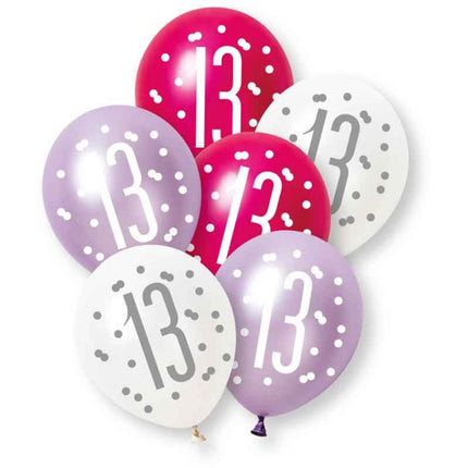 13 Jaar Ballonnen Paars Roze Wit 30cm 6st van Unique koop je bij Partywinkel