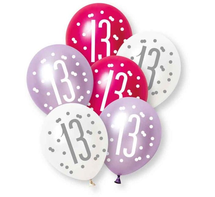 13 Jaar Ballonnen Paars Roze Wit 30cm 6st van Unique koop je bij Partywinkel