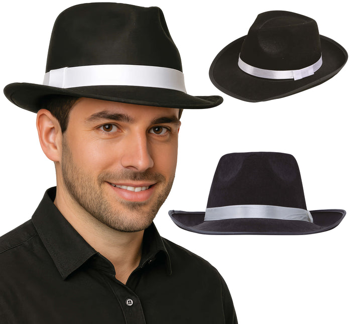 Chapeau de gangster noir Ruban blanc