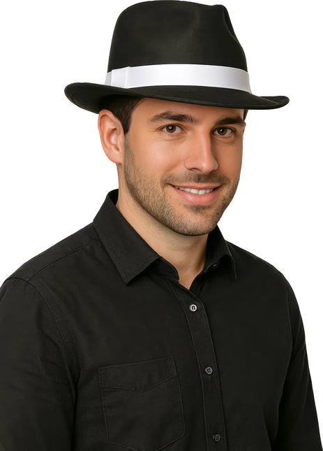 Chapeau de gangster noir Ruban blanc