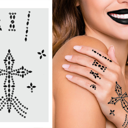 Autocollants noirs pour les mains Croix en strass