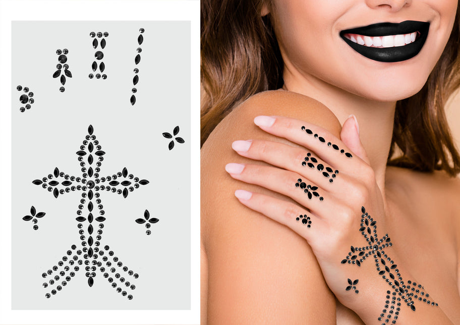 Autocollants noirs pour les mains Croix en strass