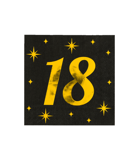 18 Jaar Servetten Zwart Goud 19cm 16st - Partywinkel - 8716764238055