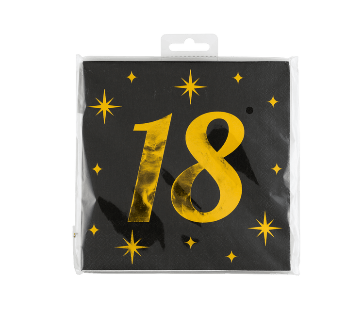 18 Jaar Servetten Zwart Goud 19cm 16st - Partywinkel - 8716764238055