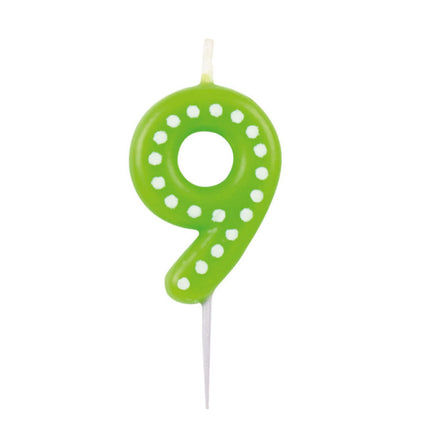 9 Bougies à pois verts 6.5cm