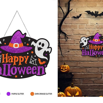 Panneau de porte d'Halloween violet pailleté, 37 cm