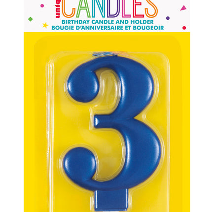 Bougie d'anniversaire numéro 3 bleu métallisé