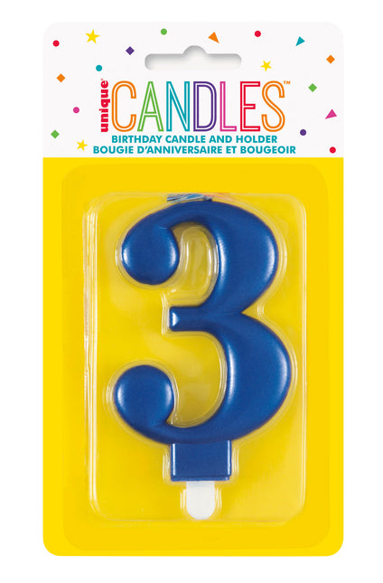 bougie de 3 ans Bleu 12cm