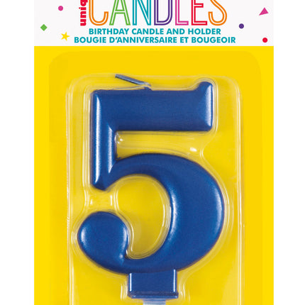 Bougie d'anniversaire numéro 5 bleu métallisé