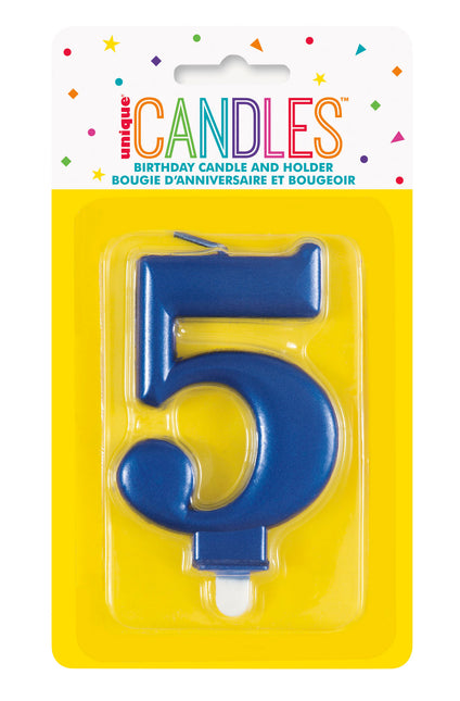 Bougie d'anniversaire numéro 5 bleu métallisé